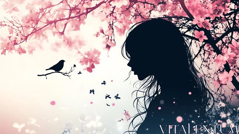 Gentle spring silhouette listens quietly to a singing bird