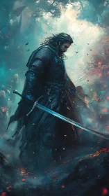 Stormlit warrior pauses with gleaming sword in a haunted forest