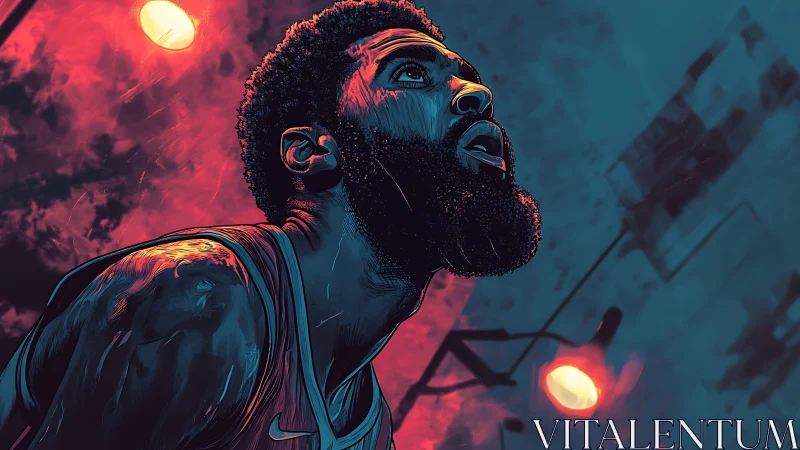 Electric night basketball portrait glows under neon sky.