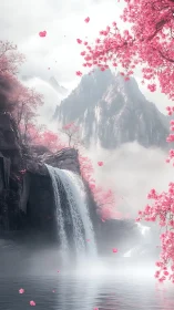 Blushwater falls beneath misty sakura-shrouded mountainscape.