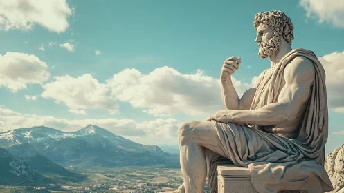 Monumental marble philosopher overlooks sunlit alpine valley