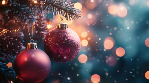 Photorealistic close-up of Christmas baubles with bokeh light.
