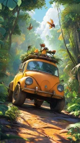 Yellow jungle car on muddy path under bright tropical canopy.