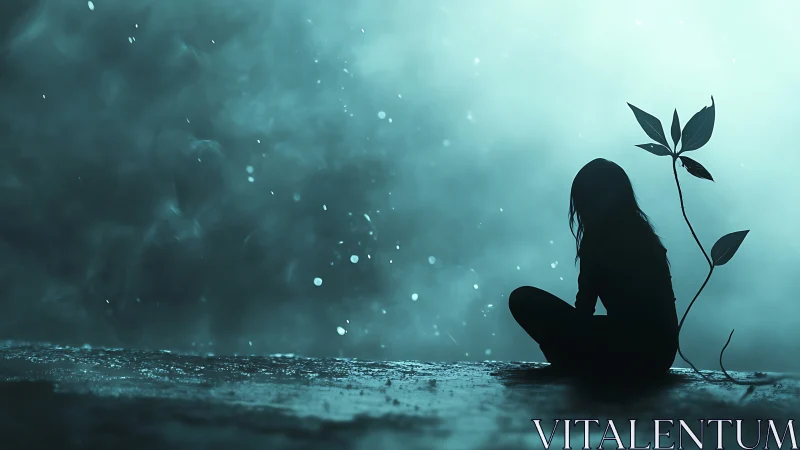 Silhouetted girl with growing plant in misty blue scene.