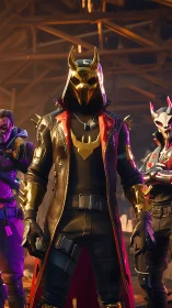 Armored horned warrior in gold-trimmed coat under warm rim lighting