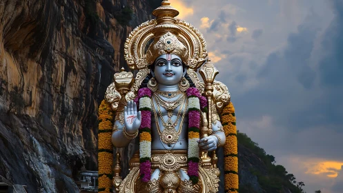 Golden Hindu deity statue glows against dramatic mountain sky.