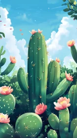 Vertical cactus cluster with pink blossoms under blue sky.