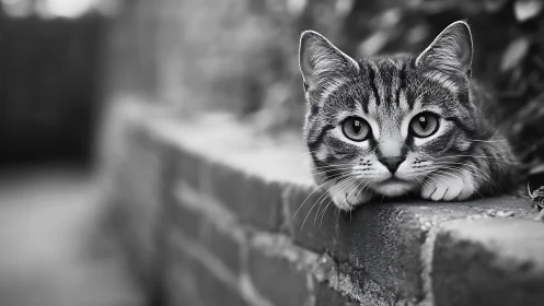 Tabby cat rests on stone surface, exhibits focused forward gaze
