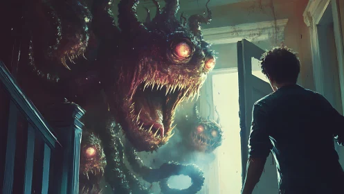 Terrified man confronting glowing multiheaded hallway monster.