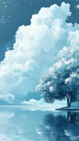 Monochrome lakeside tree with towering cumulus cloudscape.