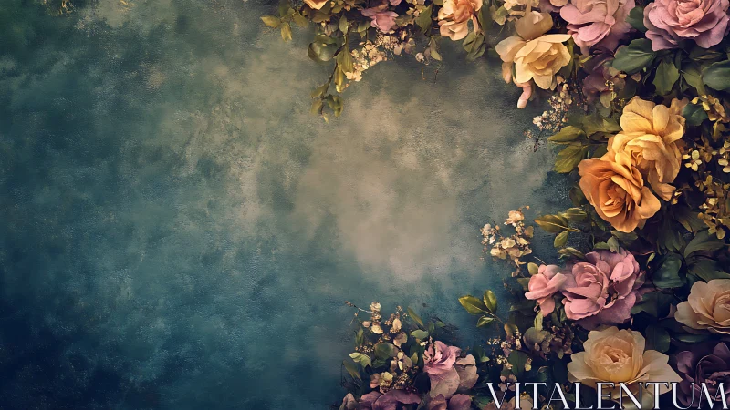 Vintage Floral Arrangement on Textured Teal Background.