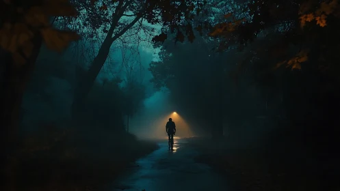 Lone figure on wet forest road under distant streetlamp.