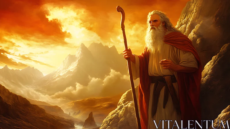 Prophetic elder with staff in incandescent alpine desert panorama.