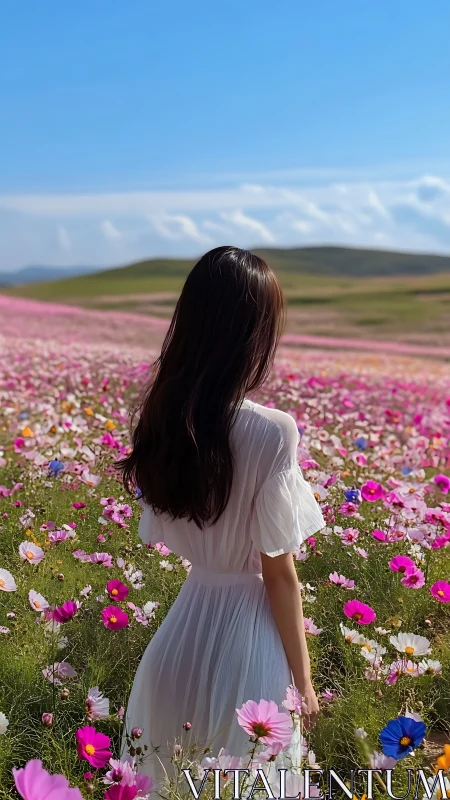 Woman in white dress standing in extensive pink flower field.