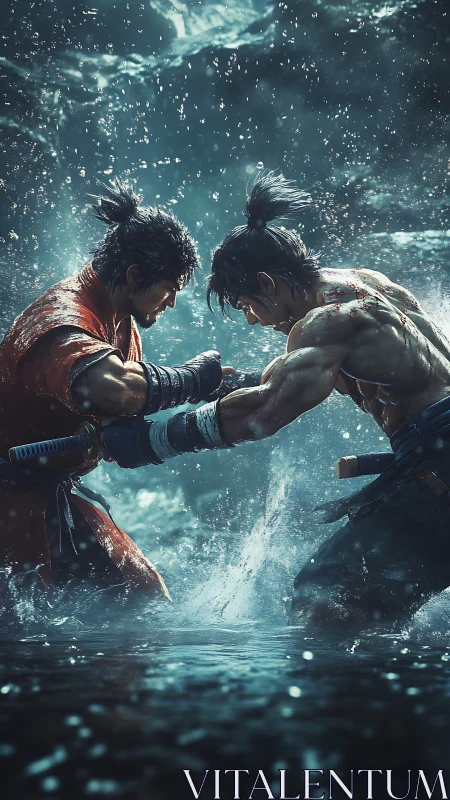 Hydrodynamic duel of armored samurai in cinematic turbulence.