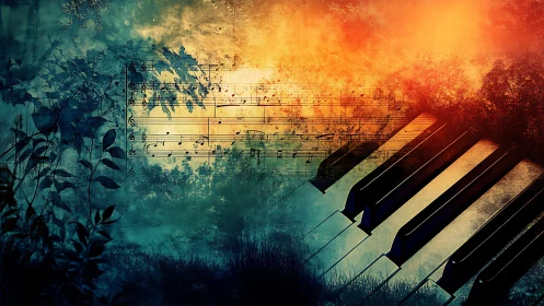 Piano keys dissolve into forest music under burning sky.