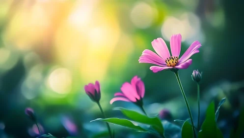 Pink Cosmos Flowers in Golden Morning Light.