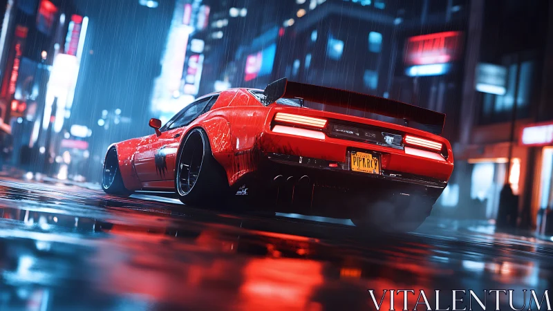 Red muscle car drifting through neon city rain at night.