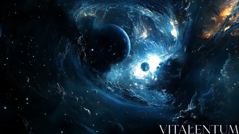 Binary planets orbiting luminous galactic vortex singularity