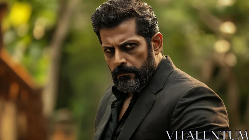 Intense bearded man in dark suit stares into camera outdoors