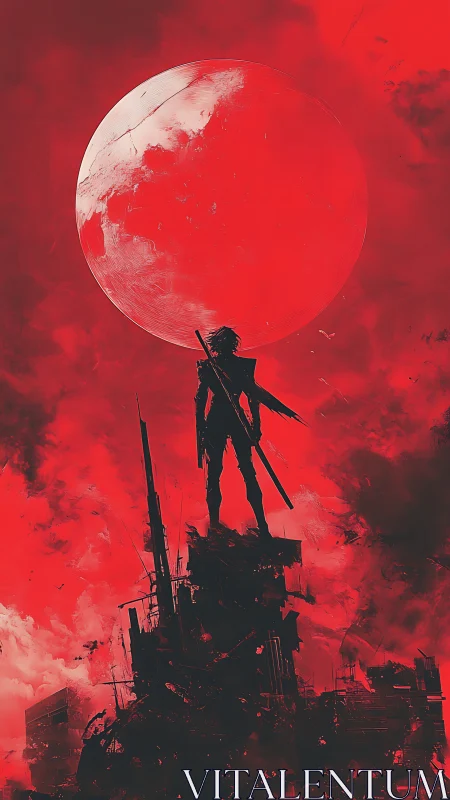 Lone futuristic warrior rises boldly beneath a blazing red moon