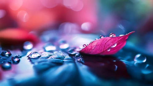 Jewelled raindrops cradle a magenta leaf in neon hush.