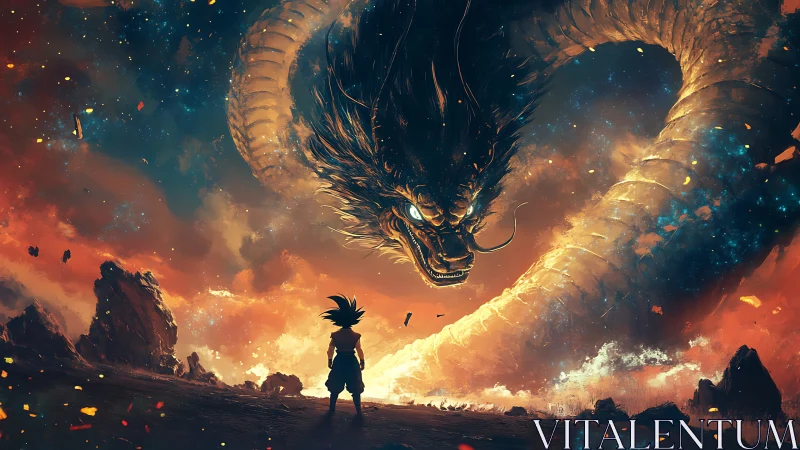 Cosmic dragon coils above a lone warrior on burning horizon