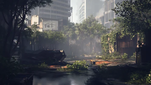 Overgrown city street quietly reclaimed by soft morning light