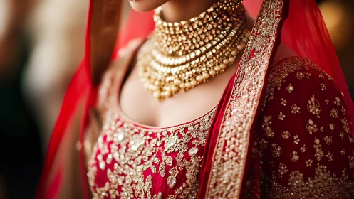 Close-up of ornate red bridal lehenga and jewelry.