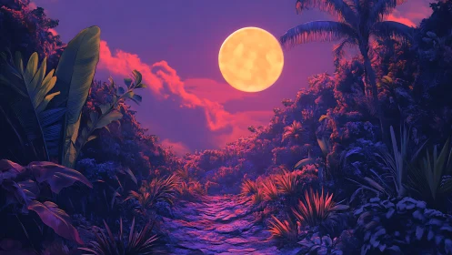 Moonlit tropical path under vivid purple twilight sky.