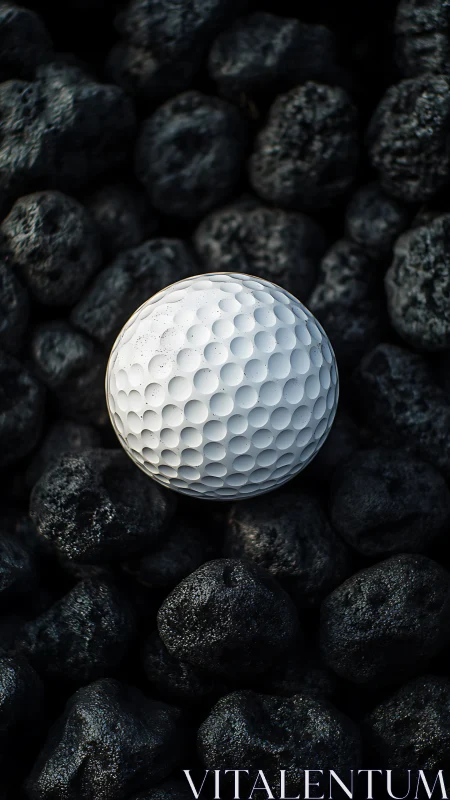 White golf ball rests sharply on dark textured stones