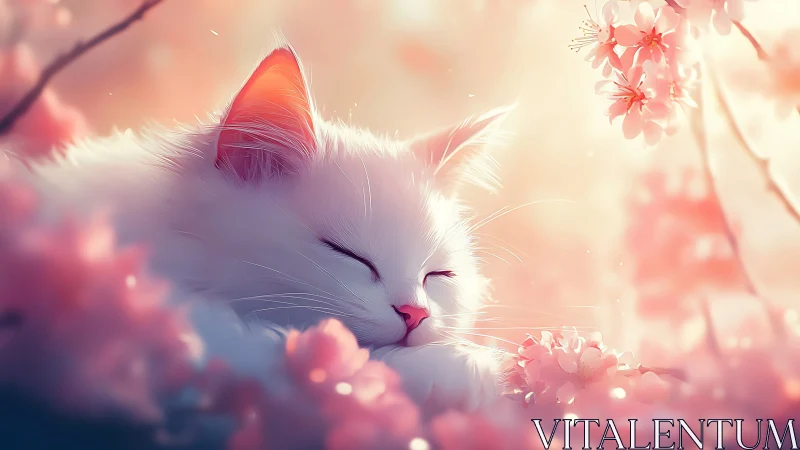 Sleeping White Cat Among Pink Cherry Blossoms.