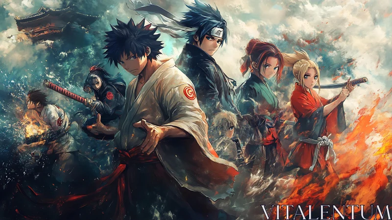 United anime warriors stand strong in swirling elemental storm.