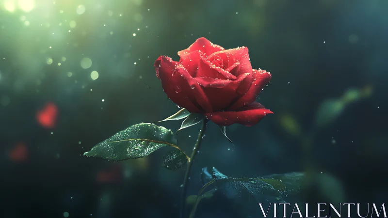 Red rose with dewdrops against emerald bokeh background.