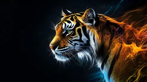 Spectral-profile tiger rendered in luminous plasma filaments.