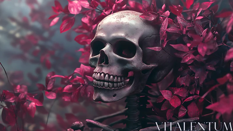 Weathered human skull rendered in macro amidst saturated magenta foliage