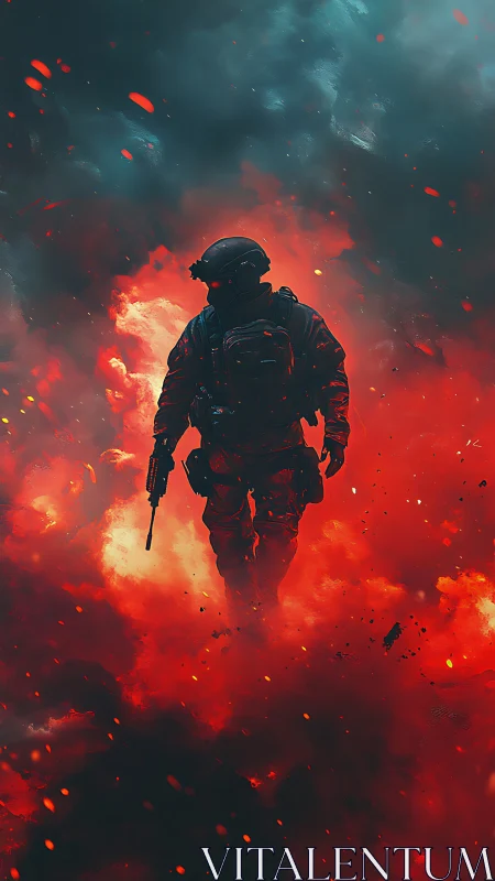 Soldier silhouette in dense red smoke and falling embers.