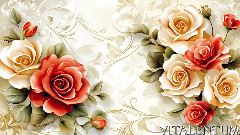 Ornamental roses in cream and coral bloom against elegant botanical wallpaper