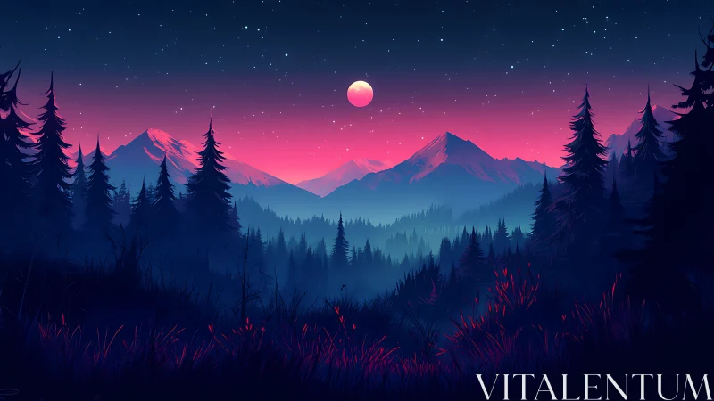Alpine Moonrise Over Forested Mountains at Twilight.