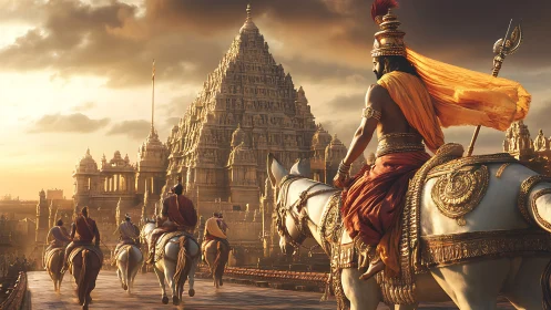 Epic warrior cavalcade before monumental Dravidian temple at dusk