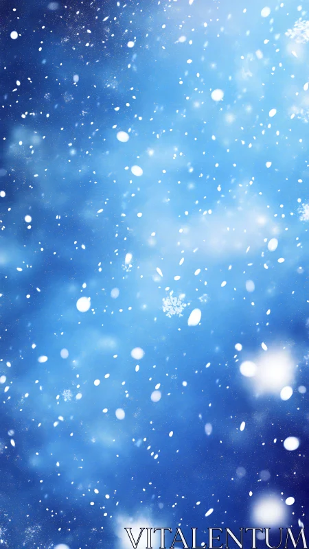 Snow particles drift across a blue, softly glowing sky