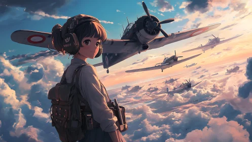 Skybound cadet adrift among warbirds in burning pastel clouds.