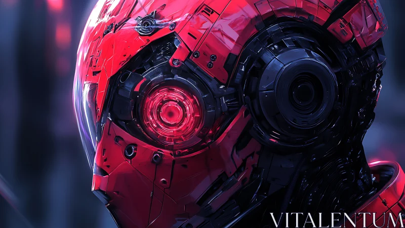 Crimson cybernetic helmet gazes ahead with glowing focus