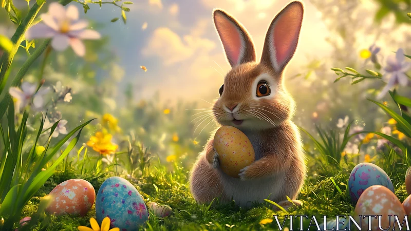 Playful spring bunny cradling painted Easter egg in meadow.