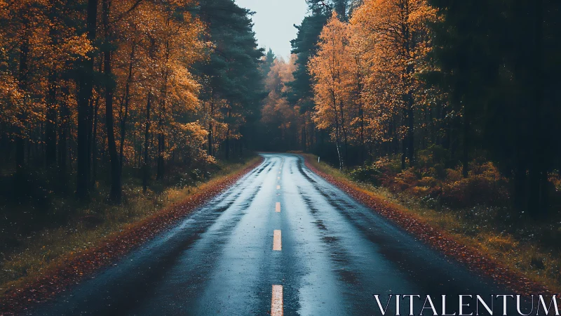 Wet Road Through Golden Autumn Forest Stretches Into Distance.