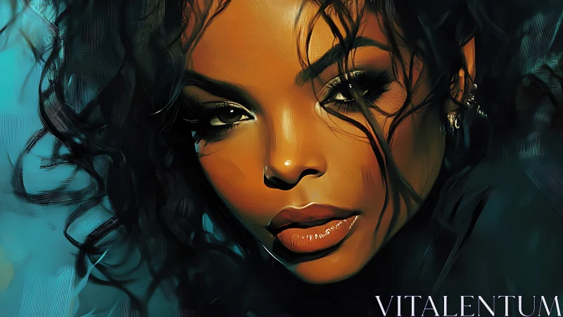 Close cropped digital portrait of woman with dark curls.