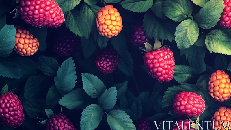Ripe raspberries and leaves in stylized digital artwork.