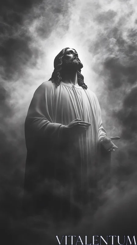 Heavenward gaze carves calm light through storm-dark clouds