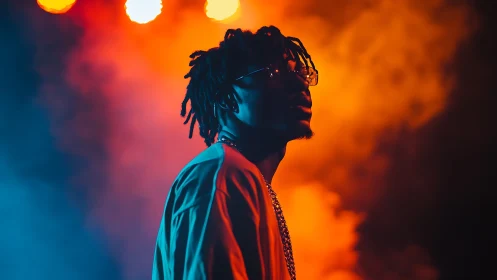 Portrait of hip-hop artist under neon orange blue haze.