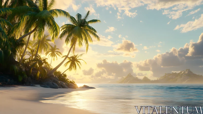 Tropical Beach Sunset with Palm Trees Island.